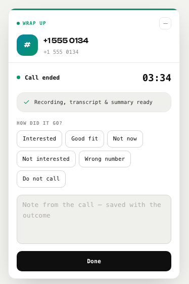 The wrap-up card, showing the outcome chips, the note field and the Done button