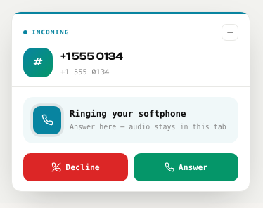 The incoming call panel, showing the caller’s number with Decline and Answer buttons
