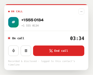 The live call panel, showing the timer, mute, hold and End call controls